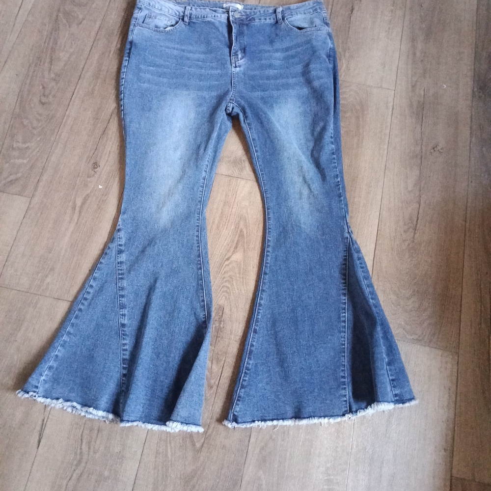Blue Frayed Hem Flared Jeans